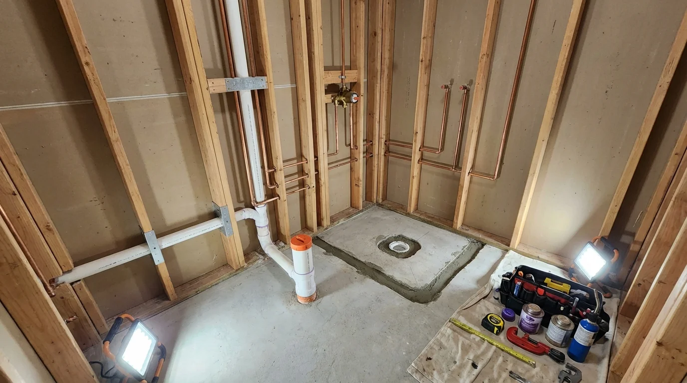 Bathroom rough-in plumbing during remodel by Johns Plumbing LLC in Verona